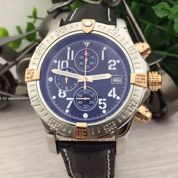 

all subdials working black leather band mens watches br 1884 super avenger ii white dial quartz chronograph outdoor 48mm watch wristwatches, Slivery;brown