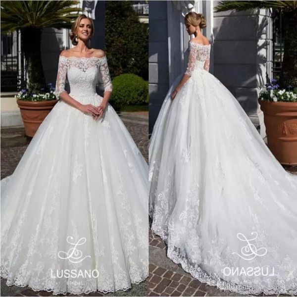 

lussano lace wedding dresses 2020 arabic sheer off shoulders appliqued half sleeves bridal gowns sweep train ball gown wedding dress, White