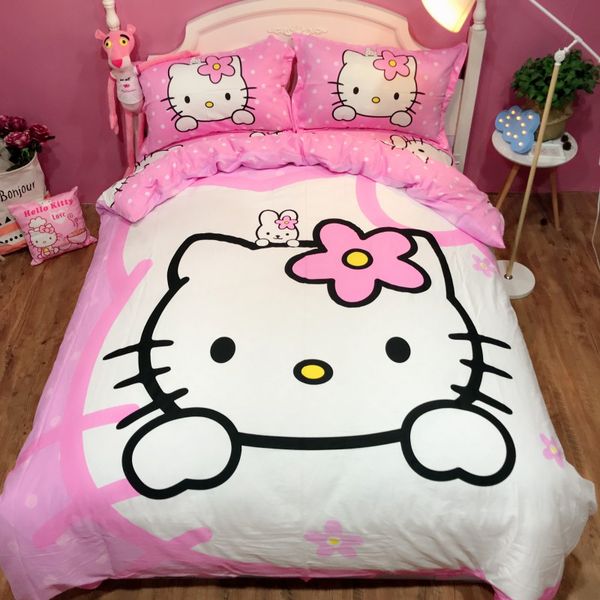 Sweet Lovely Hello Kitty Print Cartoon Bedding Sets 100 Natural Cotton Bed Linen Set With Kids Bed Set Queen King Size Sheets Black And White Duvet