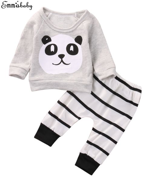 

2018 newborn kids baby boy clothes girls panda hoodie+black and white striped pants infant clothes outfits 2pcs set