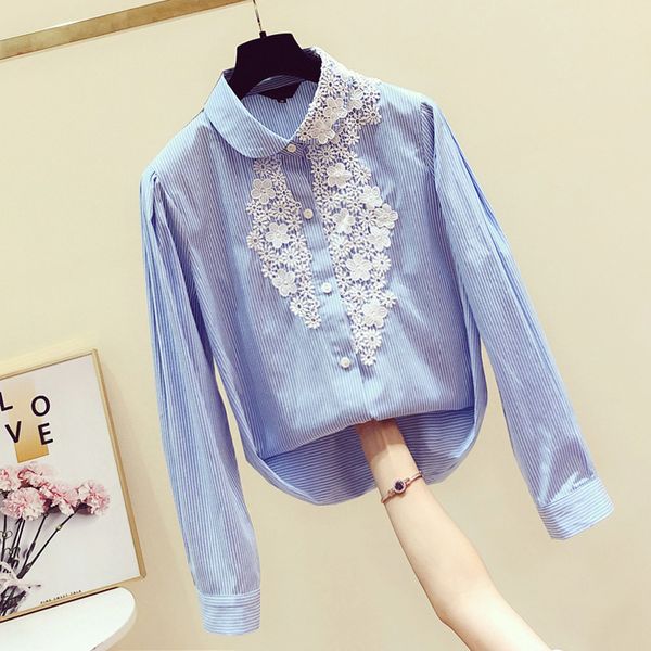 

blue striped shirt women's 2020 spring clothing new lapel long sleeve lace flower shirts fashion blouses blusa feminina, White