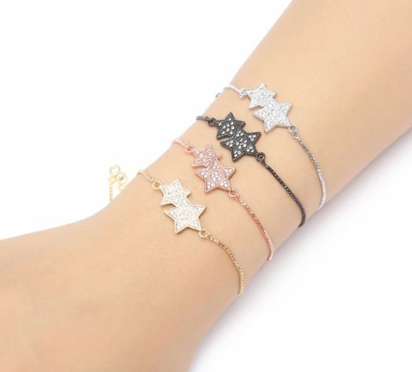 

gold silver chain bracelet micro pave cz rope cubic zirconia adjusted macrame white stars charms women girls bangles xh43, Black