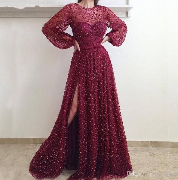 

burgundy pearls бисером пром платья side split формальные вечерние платья иллюзия длинные рукава длина пола партии wear, Black