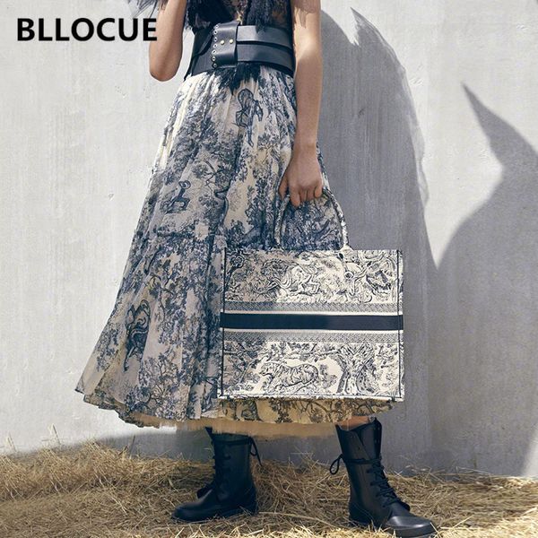 

bllocue 2019 runway women luxury ink totem forest animal print cotton high waist pleated skirt elegant long skirts, Black