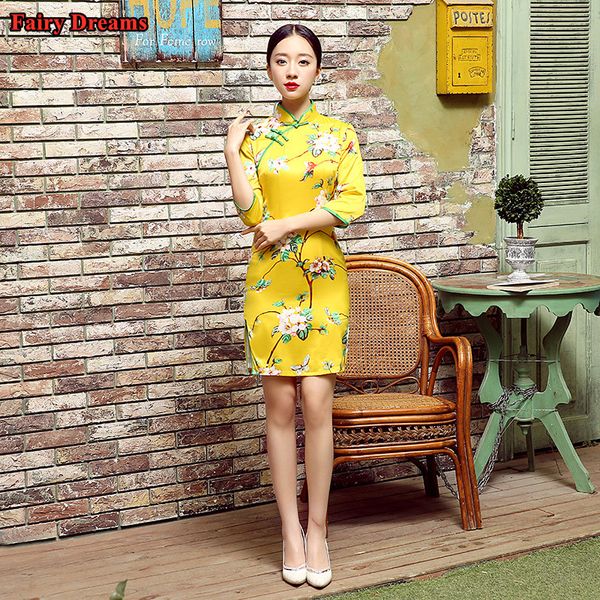 

ethnic clothing chinese dress women flowers print yellow vintage cheongsam summer qipao exotic apparel vestido chino mujer 2021, Red