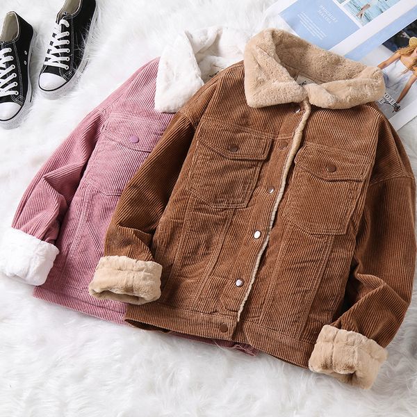 

new women winter jacket thick fur lined coats parkas fashion faux fur lining corduroy bomber jackets cute outwear, Black