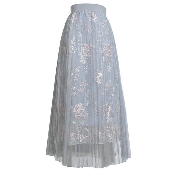 

women girls big swing tulle pleated skirts stretch high waist long maxi flower print mesh high waist tutu skirt jupe femme #z, Black