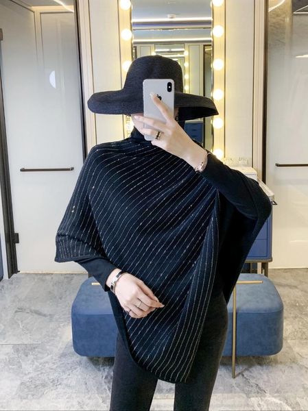 

blingbling women drilling beading cloak winter warm wool batwing sleeve cape wool sweater poncho fashion winter clothing, Black