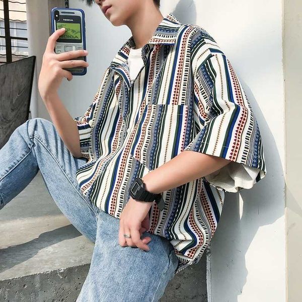 

summer striped shirt men's fashion retro casual short-sleeved shirts mens streetwear wild loose society men dress shirt -3xl, White;black