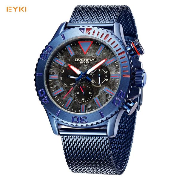 

eyki 3 dial fashion sport watches male steel mesh watch strap luminous date quartz watch men luxury montre homme reloj e3079, Slivery;brown