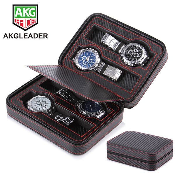 

2/4/8 slot portable carbon fiber leather watch zipper storage bag travel jewlery watch box bag case personalized luxury gift, Black;blue