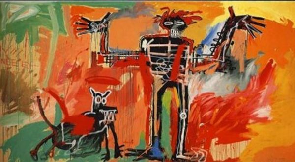 

jean michel basquiat handpainted & hd printed wall decor oil painting on canvas wall art picture home decor boy and dog in a johnnypump