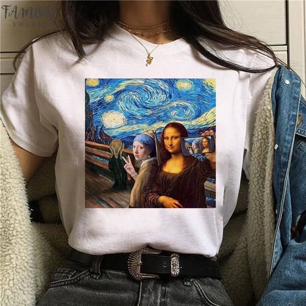 

mona lisa aesthetic harajuku t shirt women ullzang vintage graphic t shirt funny cartoon 90s tshirt korean style floral tees female, White