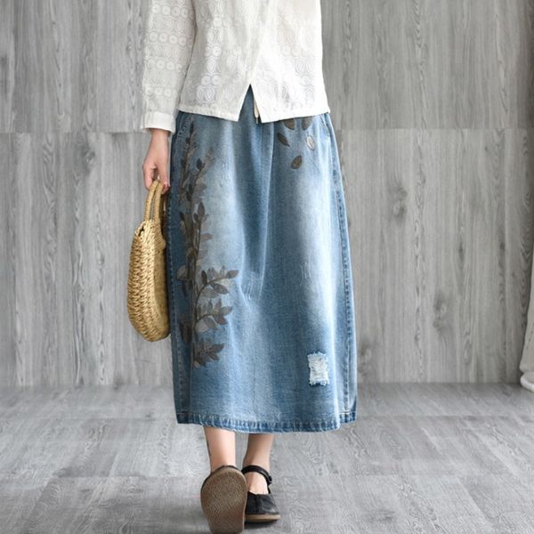 

vintage women elastic waist denim mid calf long flowers emboridery skirts female folk casual hole ripped loose fit skirt, Black
