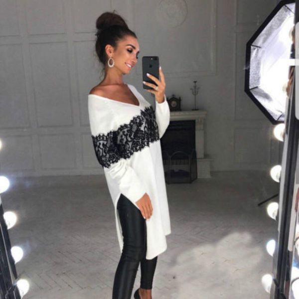 

women v neck loose long sleeve oversize blouse lace split long autumn spring womens fashion ladies hem split blouse sale, White
