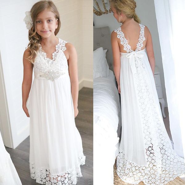 

new arrival bohemia flower girls dresses beach v neck a line chiffon kids white dresses with bow sashes custom made girls pageant gowns, White;blue