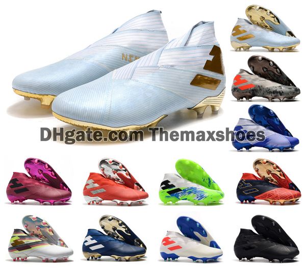 

2020 mens messi nemeziz 19+ laceless fg 10 years golden ace 19+x slip-on soccer shoes football high ankle boots cleats size us6.5-11