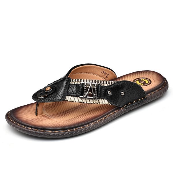 

genuine leather men's sandals summer fashion outer wear metallic decoration flip-flops anti-slip beach korean-style outdoor fash, Black