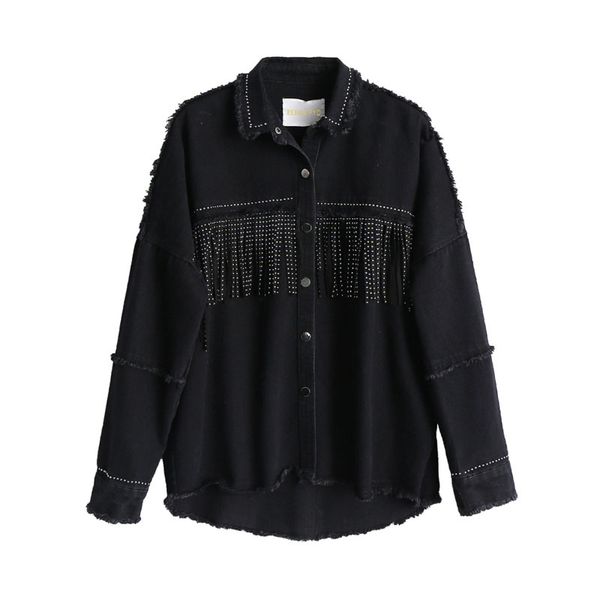 

women designer jackets women designer coat women black denim jacket coat sequined tassels streetwear match mental outerwear, Black;brown