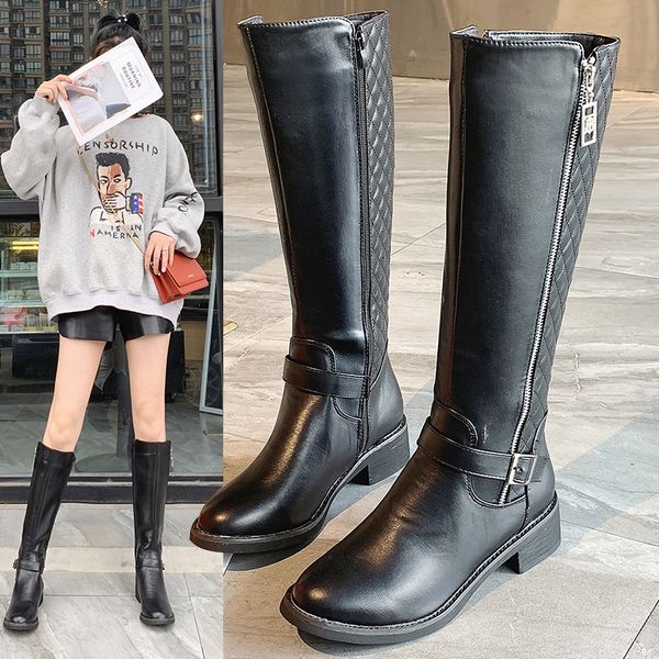 

plus size 35-53 nice new knee high rain boots women autumn fashion zipper shoes woman square med heels female grid wild boot, Black
