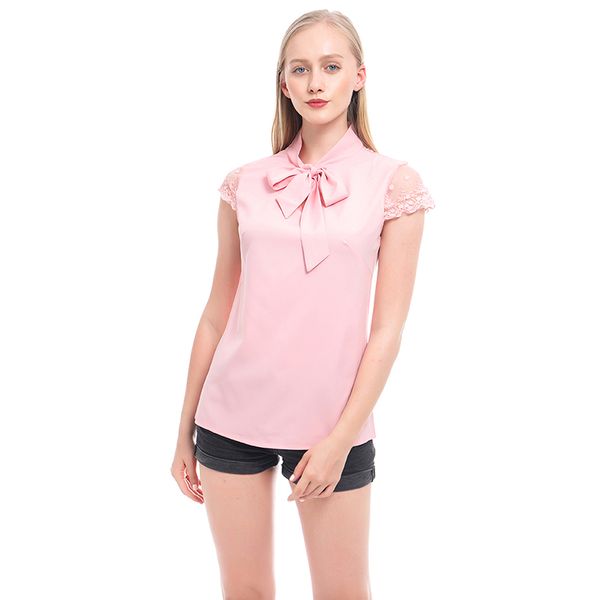 

gaoke women 2020 new hollow out femme solid lace patchwork casual office shirts plus size 2xl bow tie neck streetwear, White