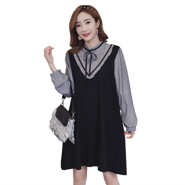 

2019 new arrival long striped sleeve patchwork loose pregnant women dress maternity preppy style faux two pieces mini dress nice, White