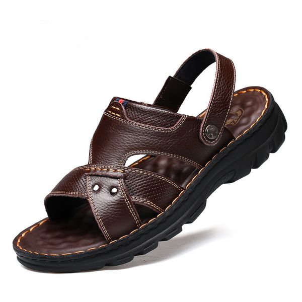 

summer men sandals quality genuine leather shoes male comfortable slip-on slippers beach brown man sandal zapatillas hombre, Black