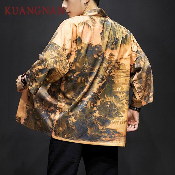 

kuangnan chinese kimono cardigan men streetwear summer shirts japanese kimono men shirt 5xl clothing 2019 new, White;black