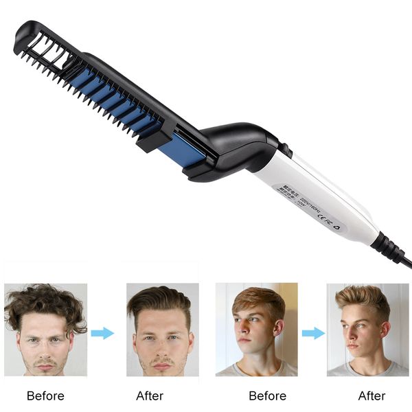 

professional man hair brush comb ceramic curling iron quick hair styler for men straightener curler hairbrush styling comb, Silver