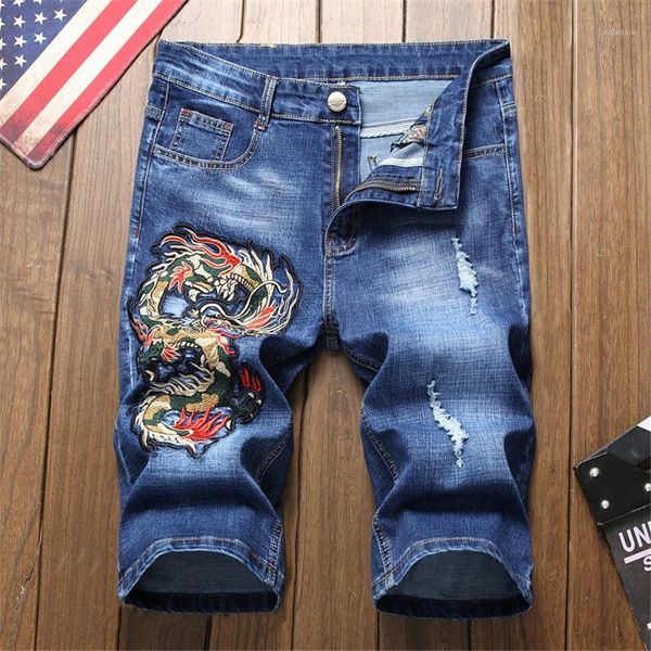

short pants casual slim homme trousers dragon embroidery denim mens shorts blue stretch knee length mens, White;black
