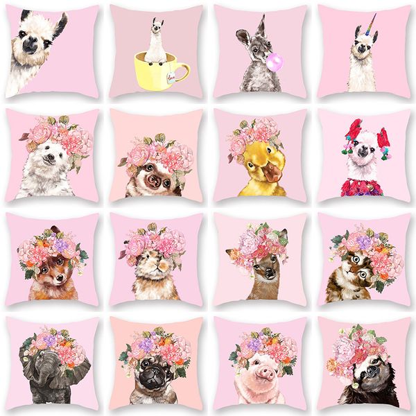 

cartoon animal painting pillowcase flowers pink blue yellow green cat dog llama lumbar sofa couch cushion cover home decoration