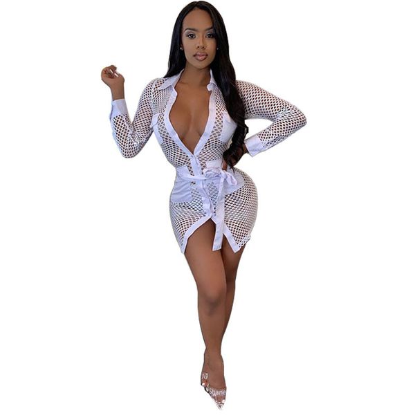 

summer womens designer dresses see through lapel neck shirt dresses fashion solid color perspective dress, Black;gray