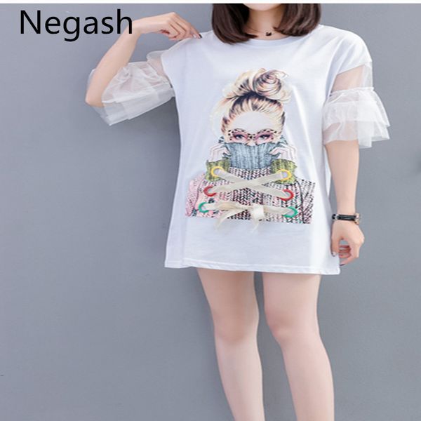 

xl -7xl plus size summer sequins bow dress cartoon printed mesh patchwork sleeve casual t shirt mini dresses for ladies woman, Black;gray