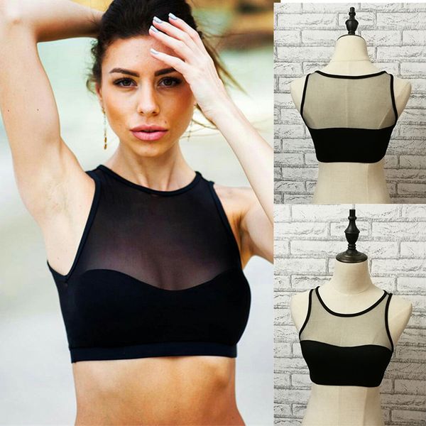 

2018 sports bra women mesh stitching breathable push up bra female high elastic solid black running crop sport top, White;black