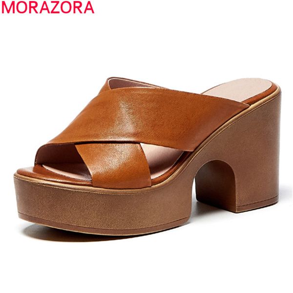 

morazora 2020 new summer high heels shoes sheepskin fashion platform women slippers brown beige color mules shoes, Black