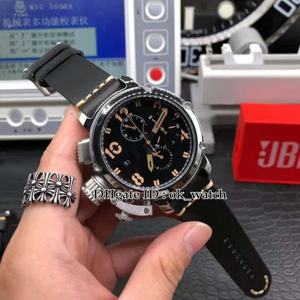 

new 50mm big dial u51 chimera steel case 7474 u-51 quartz chronograph mens watch black dial leather strap gents sport watches 4colors, Slivery;brown