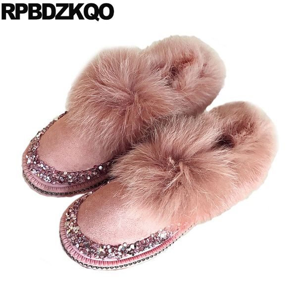

booties shoes fur slip on women boots winter 2019 flat designer comfortable round toe diamond pink suede rhinestone ankle white, Black
