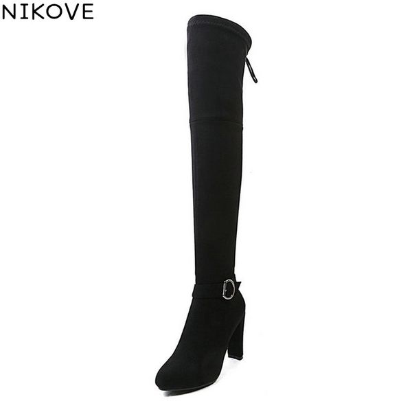 

nikove 2019 women boots zipper over the knee boots square high heels winter shoes buckle sewing autumn shoes woman size 34-43, Black