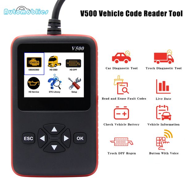 

car truck obd2 scanner v500 hd heavy duty truck multi-language diagnostics code reader obd dual-use auto diagnostic tool