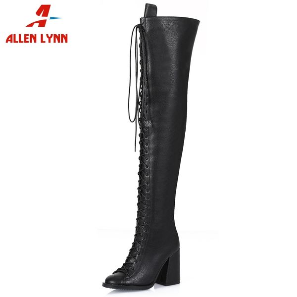 

allenlynn ins brand ladies high heels shoes woman cool black thigh high boots cross tied over the knee motorcycle boots women