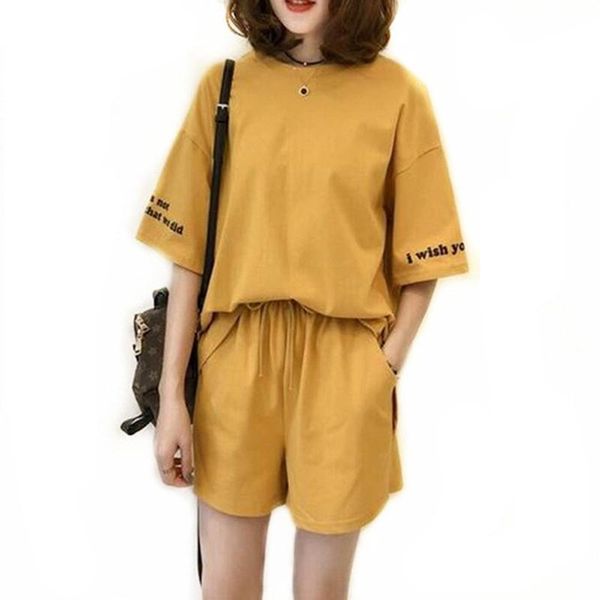 

summer cotton casual women 's tracksuit clothes set 2piece suits short sleeve letter t shirt crop +shorts pants outfit female fine, Gray