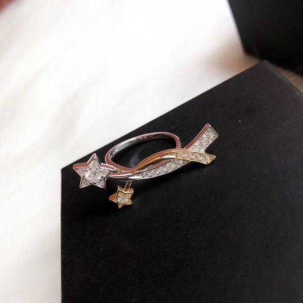

brand pure 925 sterling silver jewelry bowknot rings star rings wedding jewelry engagement 2 color star ring, Slivery;golden