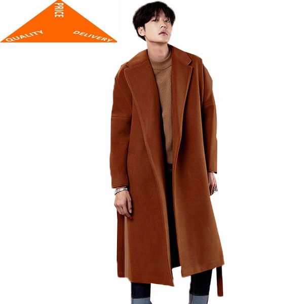 

new winter 2020 long woolen men loose casual thick overcoat mens windbreaker trench coat jackets plus size lx9326, Black