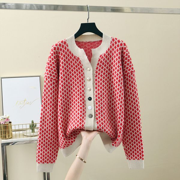 

spring and autumn diamond plaid vintage fashion loose sweater jacket women short thick knit cardigan round neck sweater jacket, Black;brown