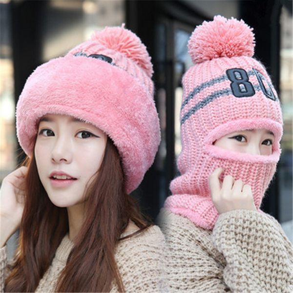 

women's hats wool balaclava face mask hats women beanie dual-use hat ear protectors knit winter scarf suits thickening