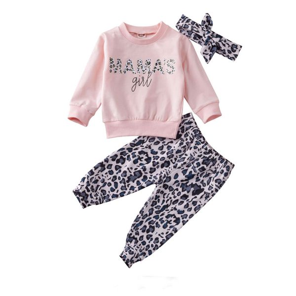 

3pcs newborn infant baby set toddler girl clothes long sleeve +leopard print pants + headband outfits baby clothing, White