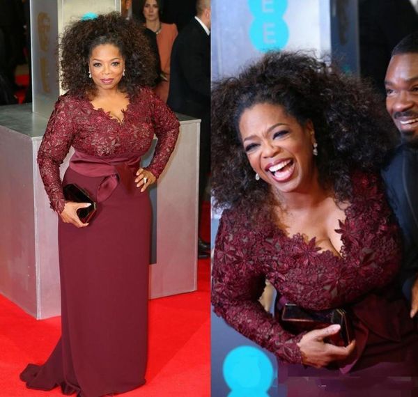 Modest Red Carpet Plus Size Borgonha Oprah Winfrey Bainha Com Decote Em V Manga Comprida Lace Top Sweep Train Vestido De Baile para Mulheres Gordas vestidos de festa