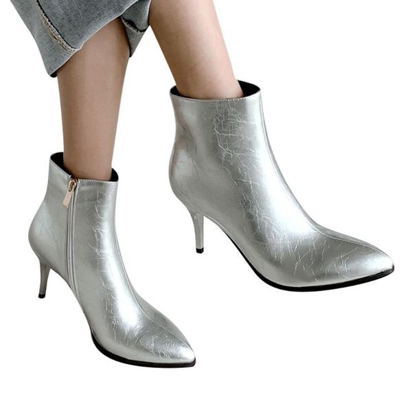 

thick high heels women boots pointed toe footwear women's patent pure boots mid-boots ankle zipper thin heel casual shoes, Black