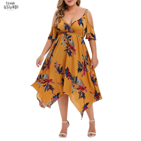 

mid calf clothes dress plus size fashion women floral printed short sleeve v neck cold shouder sweet dress 2020, Black;gray