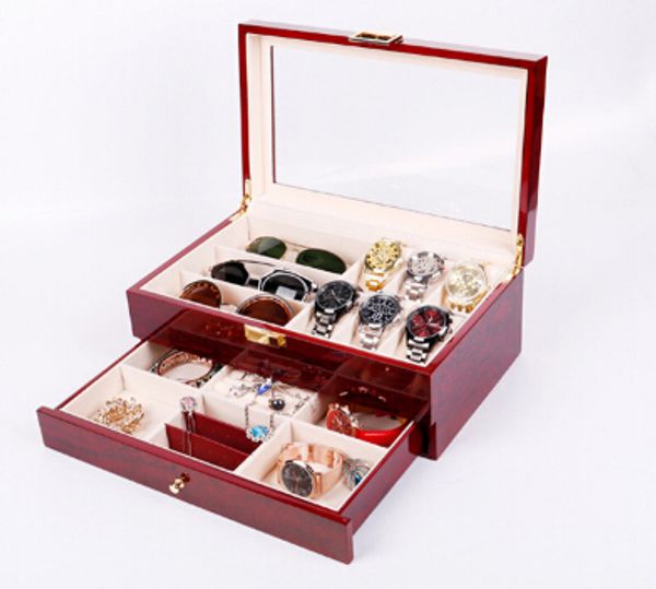 

retro wooden jewelry storage box double layers 6 grids watch case 3 grids glasses case vintage earring rings display organizer necklace box